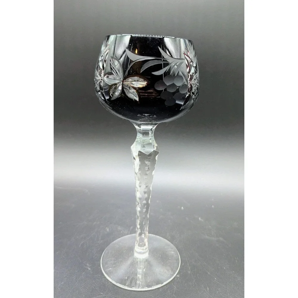 Vintage Bohemian Dark Cranberry Cut To Clear Wine Glass Stemware